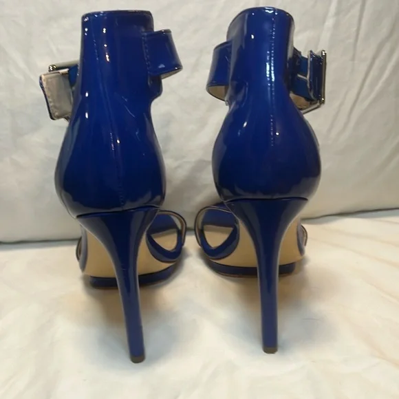Calvin Klein Patent Leather Blue Heels with Ankle Strap and Buckle - Picture 6 of 9